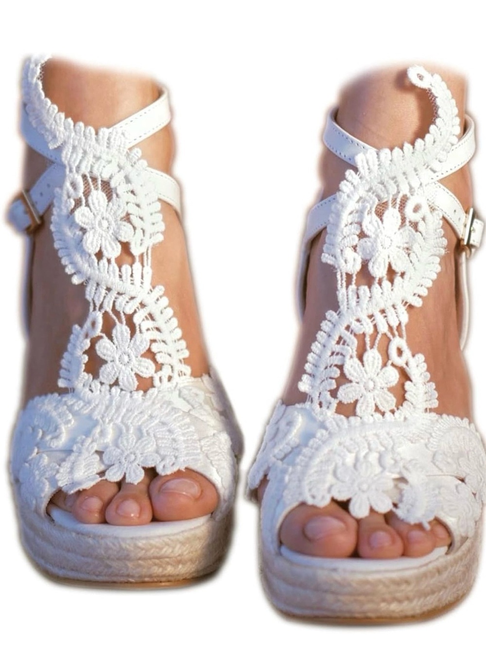 Women's White Crochet Floral Espadrille Sandals